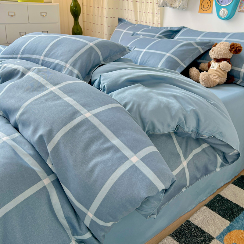 4PCS Light Blue Grid Bedding S - Linen Duvet Cover recensione e prezzo