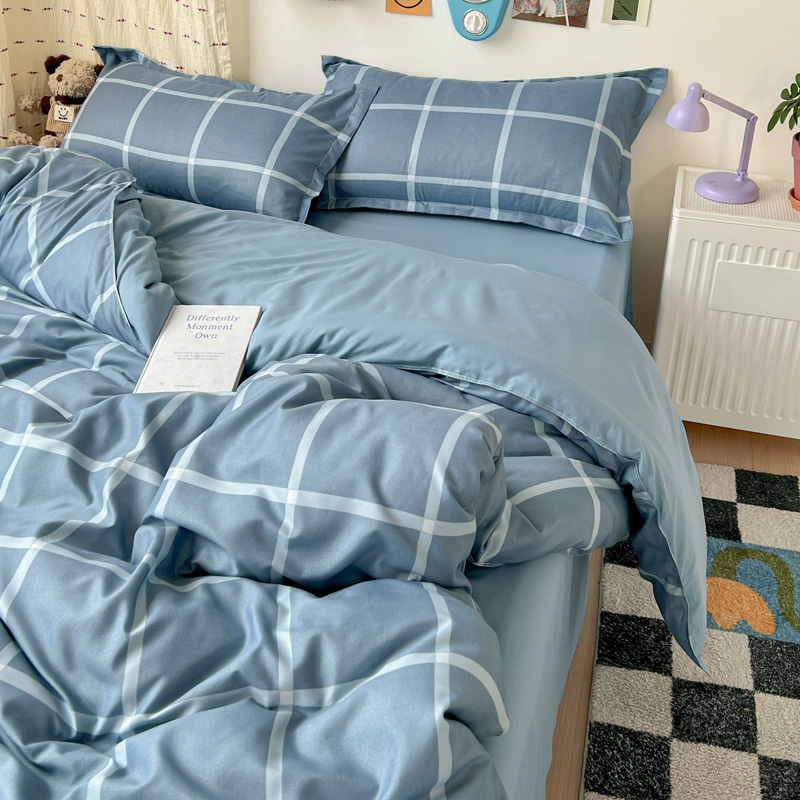 4PCS Light Blue Grid Bedding S - Linen Duvet Cover recensione e prezzo